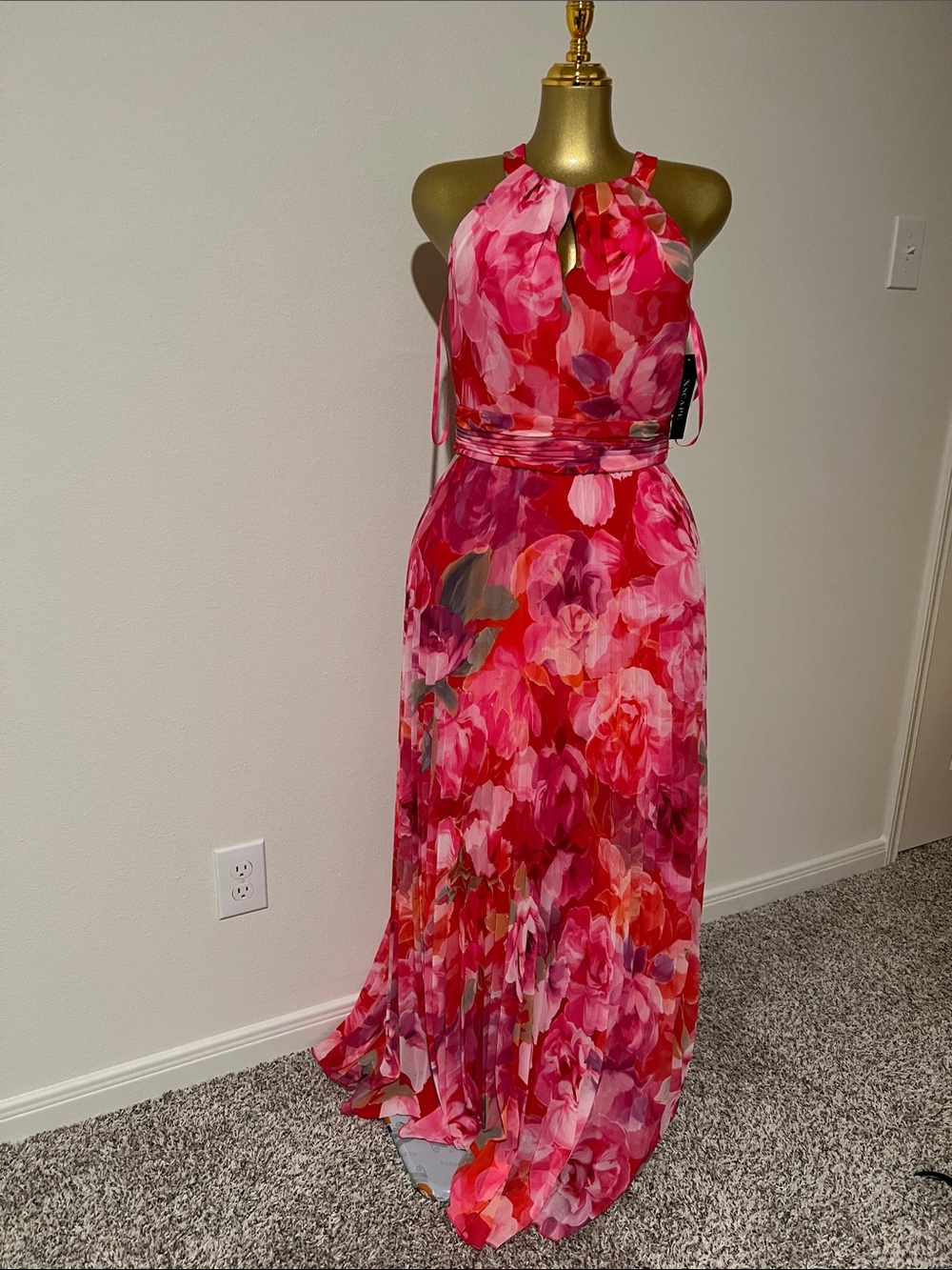 Xscape Pink and Red Floral Halter Maxi Dress